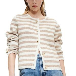 H&M Thick Knit Striped Gold Button Crewneck Sweater Cardigan Spring Jacket